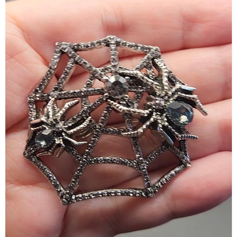 Spiders on Spiderweb Brooch Black Faux Jewel and Rhinestone Halloween Goth